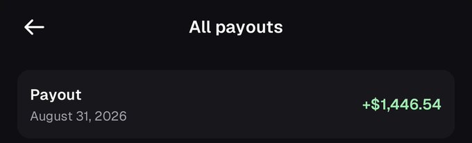 A screenshot of an "All payouts" screen showing a single payout of +$1,446.54 dated August 31, 2026, representing earnings from a crypto trading callout shared with followers.