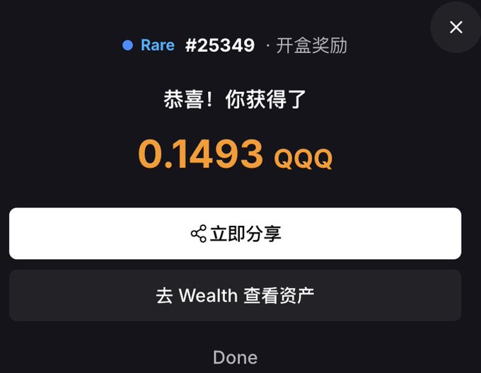 A popup screen displays a "Rare" tier reward of 0.1493 QQQ from a blind box (#25349), with options to share instantly or view assets in Wealth. This illustrates the context's mention of opening a SoDEX Treasure Box worth approximately 0.15 QQQ (~$150).