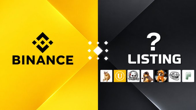 A promotional graphic split into Binance's yellow branding on the left and a "LISTING" section on the right featuring logos of memecoins (Useless, CashCat, WKC, pipedog, DOG, TROLL, and PONS) asking Binance to list them.