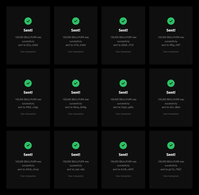 A grid of 12 confirmation cards each displays a green checkmark and "Sent!" notification, showing that 100,000 $BULLPURR tokens were successfully delivered to various Solana wallet addresses (including 0ZJ...EA65, mYTB...Sv6M, QDKE...ITC9, and others). The image visually documents the bulk distribution of $BULLPURR tokens to the first 750 eligible $SOL holders, corresponding to the airdrop requirements stated in the accompanying post.