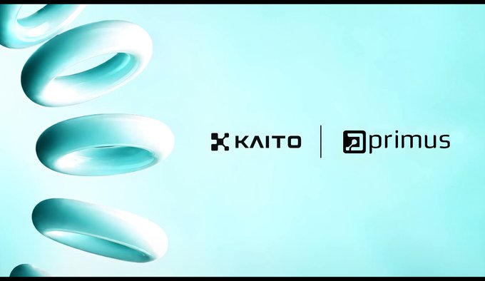 A teal-colored graphic displaying logos for "KAITO" and "primus" alongside floating ring-shaped 3D objects, likely related to the Kaito AI crypto project.