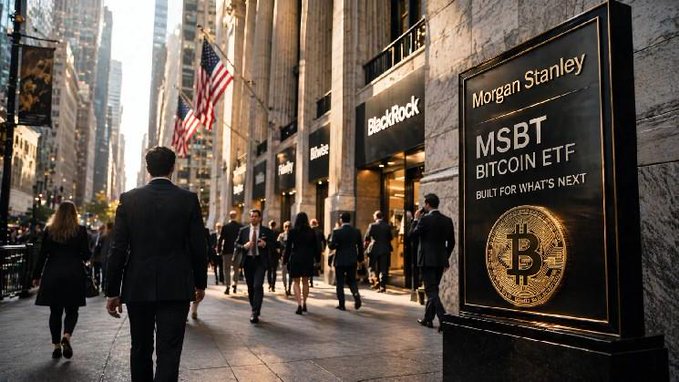 A street scene showing a Morgan Stanley advertisement for MSBT Bitcoin ETF with the tagline 'BUILT FOR WHAT'S NEXT' alongside a gold Bitcoin emblem, with pedestrians in business attire walking on a city street.