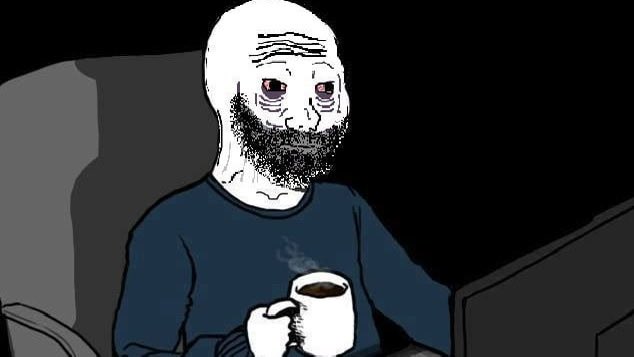 A black-and-white cartoon drawing of a bearded, exhausted-looking 'doomer' character holding a mug of coffee in front of a laptop in a dark room.
