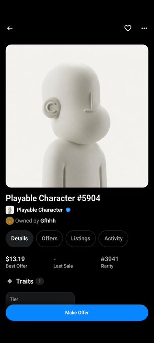 An NFT marketplace listing for 'Playable Character #5904' showing a white 3D character figure, priced at $13.19 best offer, with rarity #3941 and owned by Gfhhh.