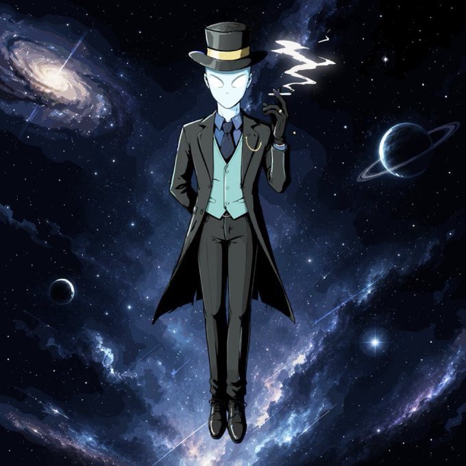 An anime-style character with a white glowing face, wearing a black top hat and long coat, floats in a cosmic setting surrounded by galaxies, stars, and planets.