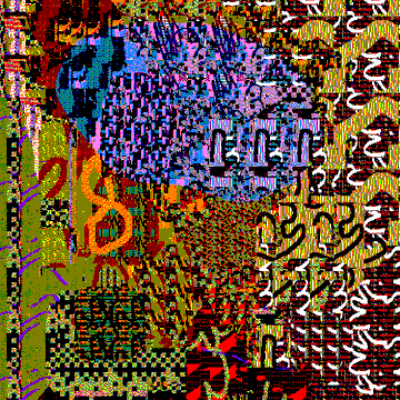 A colorful, abstract, and heavily distorted digital glitch artwork containing chaotic patterns, numbers like "1.00" and "2.25," and repetitive black and white chevron shapes.