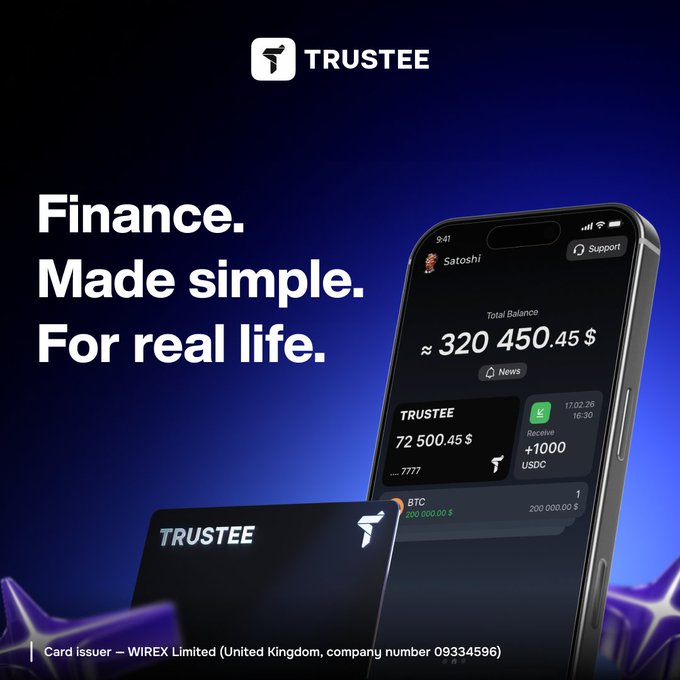 The image is a sleek promotional ad for Trustee Plus, featuring the tagline "Finance. Made simple. For real life." alongside a smartphone displaying the app interface with a total balance of approximately $320,450.45 and showing a received +1000 USDC transaction, as well as a Trustee branded payment card. The visual reinforces the post's message by showcasing how Trustee Plus consolidates crypto management, swapping, and everyday spending into a single, user-friendly app.