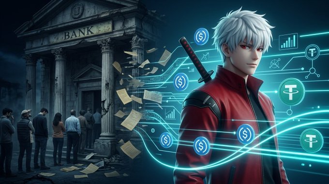 A digital illustration of a white-haired, red-eyed anime character with a sword on his back, standing before a collapsing bank with falling papers and digital cryptocurrency icons.