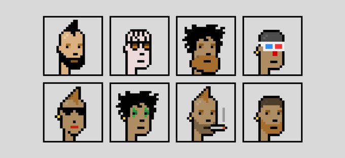 A grid of eight pixel-art portraits showing character customization options with various hairstyles, accessories, and facial features.