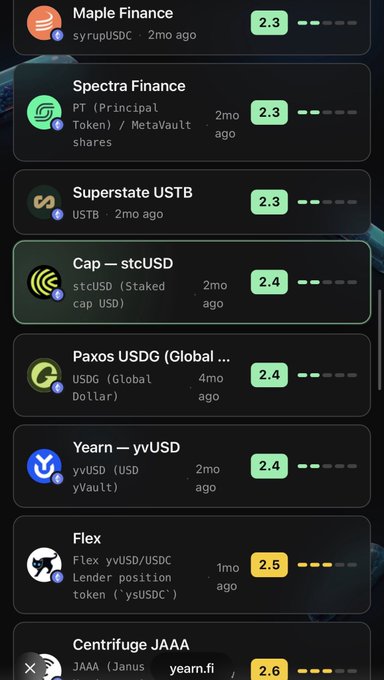 DeFi yield aggregator interface listing various protocols including Maple Finance (syrupUSDC, 2.3), Spectra Finance (PT, 2.3), Superstate USTB (USTB, 2.3), Cap — stcUSD (2.4), Paxos USDG (2.4), Yearn — yvUSD (2.4), Flex (2.5), and Centrifuge JAAA (2.6) with their respective ratings.
