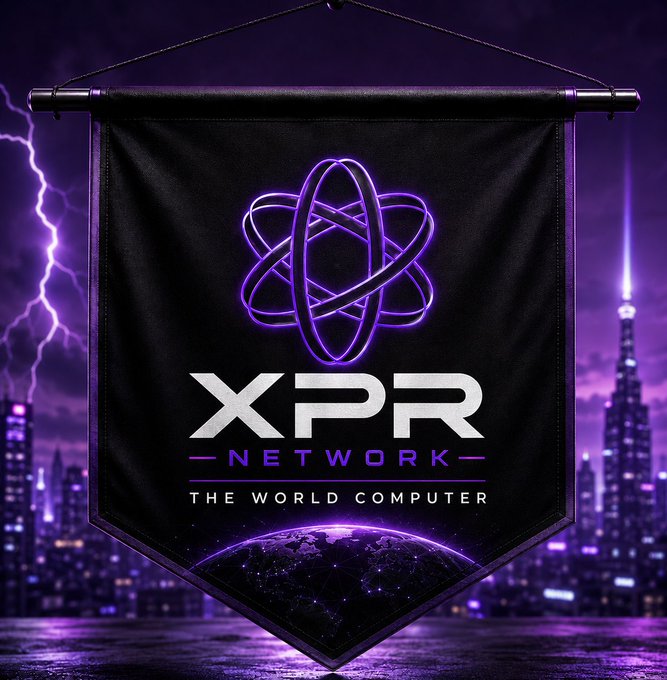 A black pentagon banner displays the XPR Network logo—an atom-like symbol in glowing purple—above the text "XPR NETWORK" and the tagline "THE WORLD COMPUTER," set against a dramatic purple cityscape with lightning. The banner visually reinforces the "$XPR" ticker by showcasing the project's official branding and futuristic, tech-forward aesthetic.