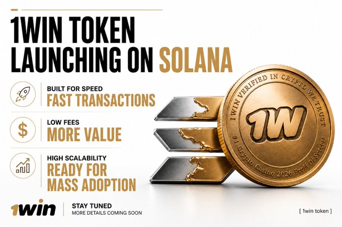 Promotional graphic announcing "1WIN TOKEN LAUNCHING ON SOLANA," featuring a gold coin with the "1W" logo alongside three checkmarked benefits: "Built for Speed - Fast Transactions," "Low Fees - More Value," and "High Scalability - Ready for Mass Adoption." The post confirms the Solana chain choice, with the image visually emphasizing the key advantages that justify this blockchain selection.
