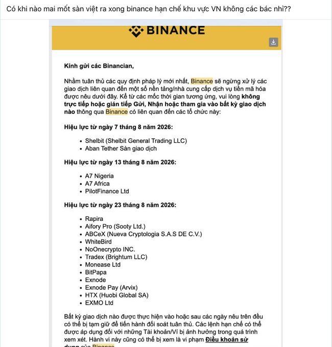 A Vietnamese Facebook post asking when Binance will restrict Vietnamese users, accompanied by a screenshot of a Binance announcement (in Vietnamese) listing stablecoins to be delisted, effective August 7, 13, and 23, 2026.
