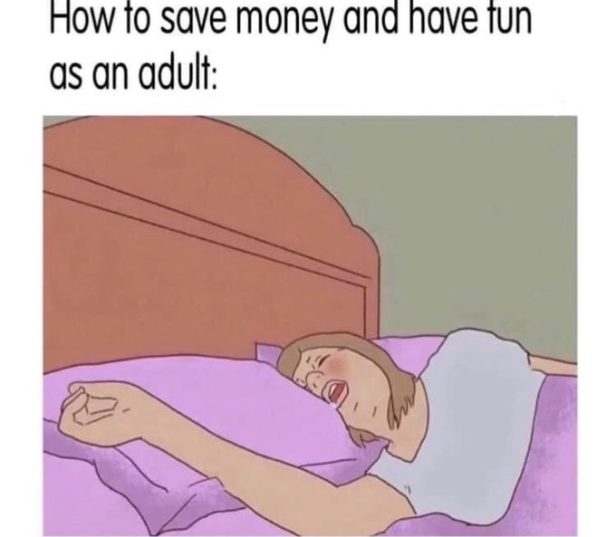 A meme with the text 'How to save money and have fun as an adult:' above a cartoon illustration of a person sleeping contentedly in bed.