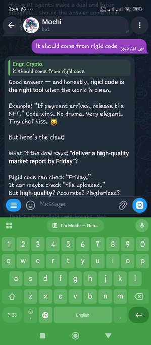 A Telegram chat with a 'Mochi' bot where 'Engr. Crypto' discusses rigid code examples and asking AI agents to deliver a high-quality market report by Friday.