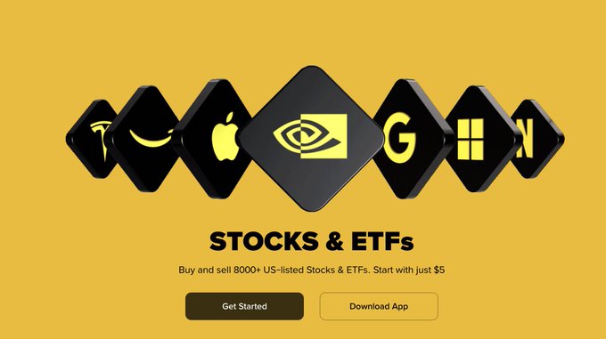 The image features a yellow background with black text that reads "Stocks & ETFs" at the top, followed by a list of logos for various companies such as Apple, Microsoft, Google, and Facebook. The website's URL is also displayed in the image. The content of this image seems to be related to an announcement or promotion about stocks and ETFs on Binance's official US stock trading portal.