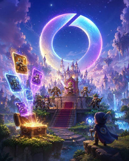A vibrant fantasy illustration depicting a wizard, characters, and treasure cards set against a magical kingdom backdrop dominated by a large glowing crescent shape in the night sky.