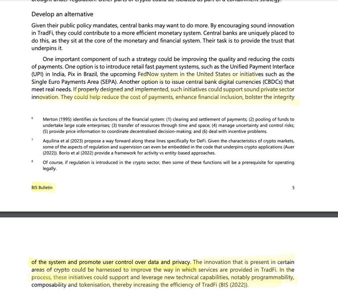 The image shows page 5 of a BIS Bulletin discussing how central banks can support TradFi innovation through initiatives like the Unified Payment Interface (UPI) in India, Pix in Brazil, and the FedNow system or SEPA in the US/EU, highlighting that these could reduce payment costs and enhance financial inclusion, with a specific footnote referencing how FedNow could be leveraged alongside crypto innovations to improve system efficiency.
