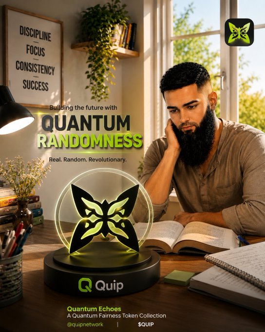 A promotional graphic featuring a bearded man studying at a desk next to a glowing 'Quip' Quantum Echoes token, with text reading 'Building the future with QUANTUM RANDOMNESS. Real. Random. Revolutionary.' and '@quipnetwork $QUIP'.