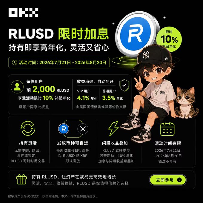 A promotional graphic for OKX features an anime-style character and a cat, advertising 'RLUSD 限时加息' (Limited-Time Interest Increase) with a 10% APY boost and 2,000 RLUSD rewards, running from July 21 to August 20, 2026.