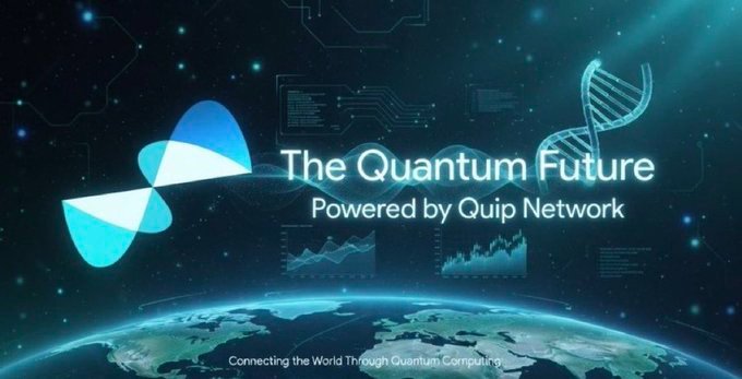 The image features a poster with a blue bow and the text "The Quantum Future" written above it. Below this, there's a graphic of a blue bow connected to a globe, symbolizing the connection between the future and the present. The background of the poster is black, which contrasts with the blue elements on it. In the bottom right corner of the image, there are two lines of text that read "Connecting the World Through Quantum Computing Company".