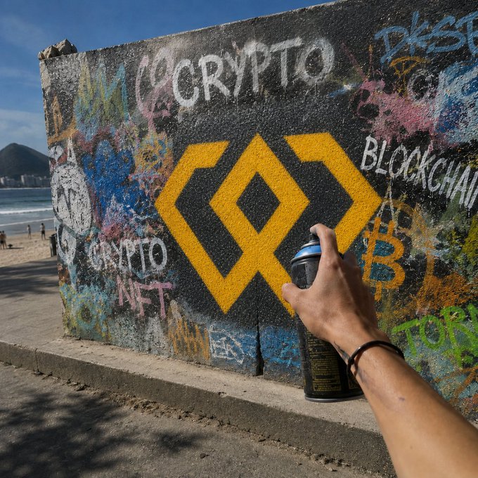A hand holds a spray paint can in front of a graffiti-covered wall featuring a large yellow Binance-style logo, with 'CRYPTO' and 'BLOCKCHAIN' written in the background near a beach.