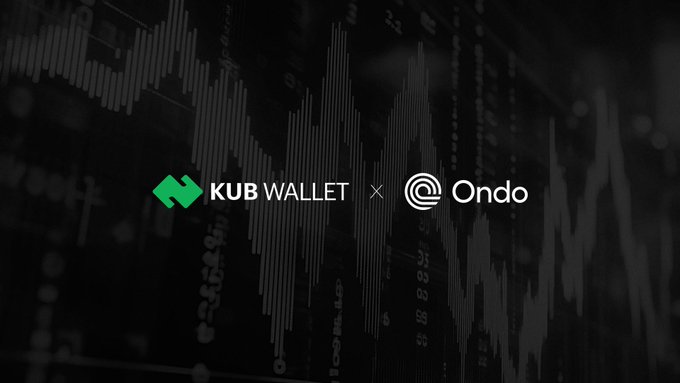 A promotional graphic featuring the KUB Wallet and Ondo logos against a dark background of a stock market chart, indicating a partnership or integration.