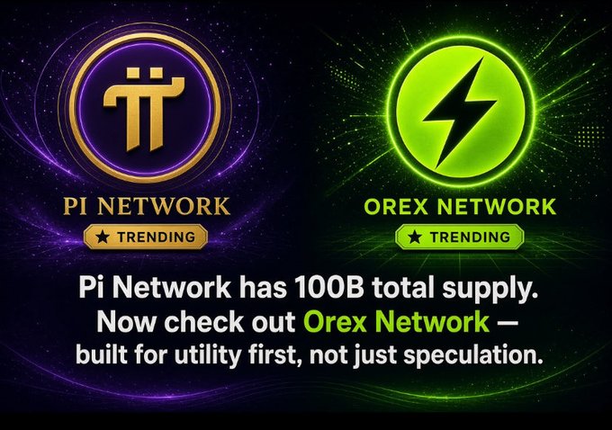 A promotional graphic compares Pi Network's 100B total supply with Orex Network, featuring both logos marked "Trending" and the tagline "built for utility first, not just speculation."