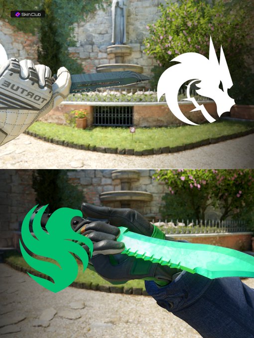 A split image from SkinClub showing a CS:GO knife skin comparison - the top half shows a TactiGloves worn hand with a dark knife and a white dragon logo overlay, while the bottom shows a green glowing knife with a green dragon logo overlay.
