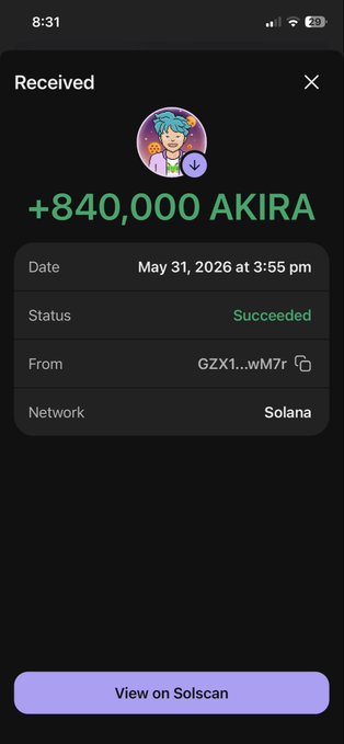 The image shows an iPhone screen displaying a message from a social media platform, likely Instagram or Twitter. The message reads "received" followed by a number, which seems to be a payment for a product or service. The phone's status bar indicates that the user has a 4G connection and is viewing the post on their smartphone. The image also contains text about a new week of payments for the @AKIRADragonSol community, suggesting that users can expect more money coming in soon if they own an nft (NFT) token. Additionally, there are hints about potential bonus payments for those who buy the nft token and post GM's on social media platforms.