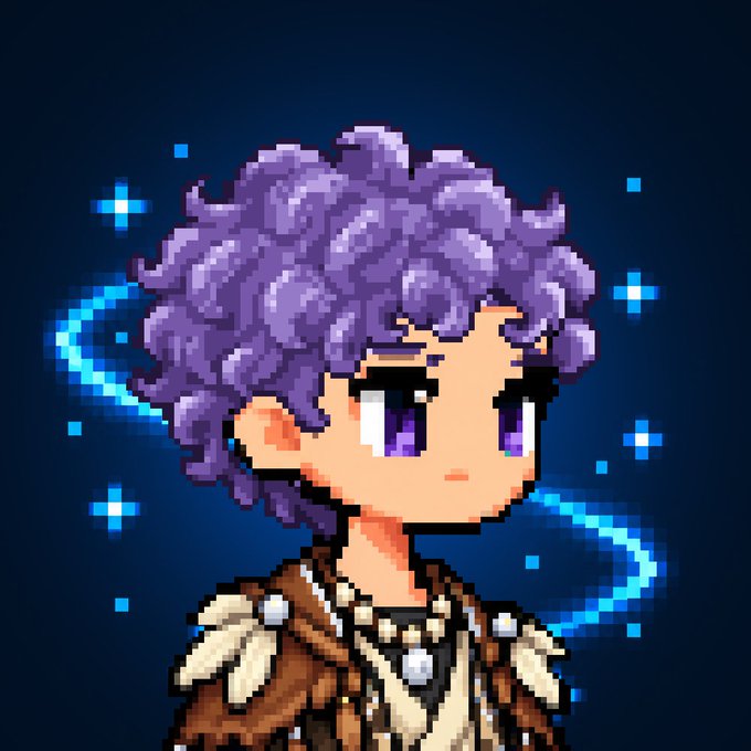 A pixel-art portrait of a character with curly purple hair, purple eyes, and a fur-collared outfit against a dark blue background with glowing stars and crescent moons.
