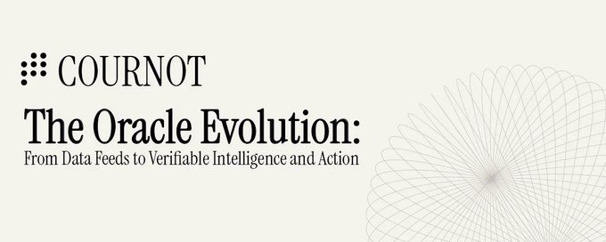 The image is a banner for Cournot featuring the title "The Oracle Evolution: From Data Feeds to Verifiable Intelligence and Action" alongside a geometric spiral graphic, which directly reinforces the post's message about Cournot Protocol transforming oracle systems from ambiguous data feeds into precise, verifiable crypto intelligence with sourced probability outputs.