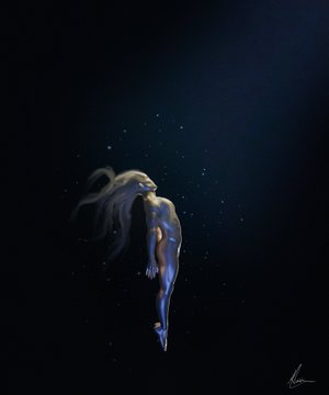 The image features a woman with long blonde hair, who appears to be floating or flying through space. She has her arms outstretched as if she's embracing the darkness around her. The background consists of a dark blue color that contrasts with the woman's light-colored hair and the overall atmosphere of the scene. The image is accompanied by text that reads "Good evening Touched by Light & Void are the final two 1/1s still waiting for their home on my Tezos". This message seems to be related to the woman in the image, as if she represents a celestial being or an ethereal figure from another world.