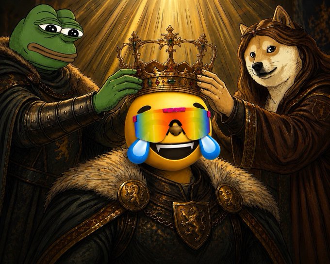 A whimsical illustration of a crowned emoji face with rainbow shutter shades being placed on its head by a Pepe the Frog figure and a Shiba Inu (Doge) figure dressed as royalty.