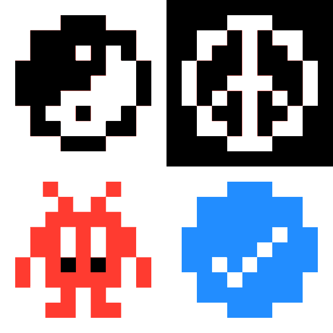 Four pixel-art sprites arranged in a 2x2 grid, including a yin-yang style circular design, a geometric pattern on black, a red space invader-like alien, and a blue circular creature with white spots.