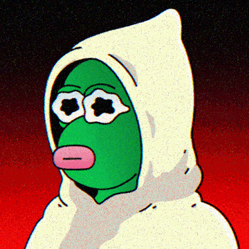 A digital drawing of a green-faced character wearing a white hood, with star-shaped eyes and pink lips against a red and black background.