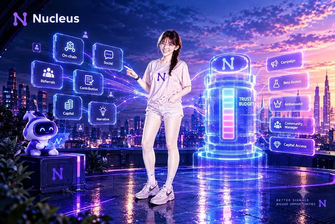 Promotional graphic for Nucleus featuring a smiling young woman in a pink t-shirt standing next to a holographic interface displaying categories like On-chain, Social, Referrals, Contribution, Capital, Narrative, Campaign, Beta Access, Ambassador, Community Manager, and Capital Access, with a small robot mascot.
