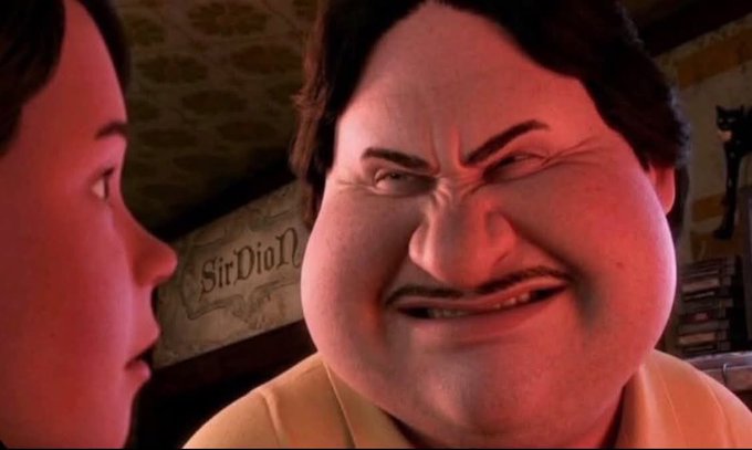 A close-up scene from an animated movie showing a man with a strained, grimacing expression leaning toward another person, with a sign reading 'Sir Did N...' partially visible in the background.