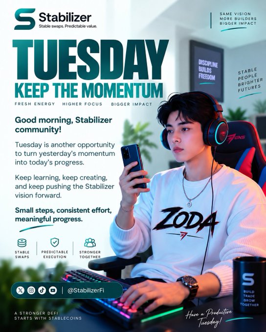 A promotional graphic for 'Stabilizer' featuring the headline 'TUESDAY KEEP THE MOMENTUM' with a person wearing headphones and holding a phone; text includes 'Stable swaps. Predictable value.' and '@StabilizerFi'.