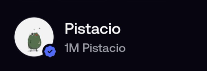 A dark-themed digital badge displays the name "Pistacio" with "1M Pistacio" underneath, featuring a green cartoon pistachio character avatar and a blue verification checkmark. The image illustrates the post's claim of receiving 1 million free "Pistacio" tokens, with the verified badge implying authenticity of the airdrop or token reward.
