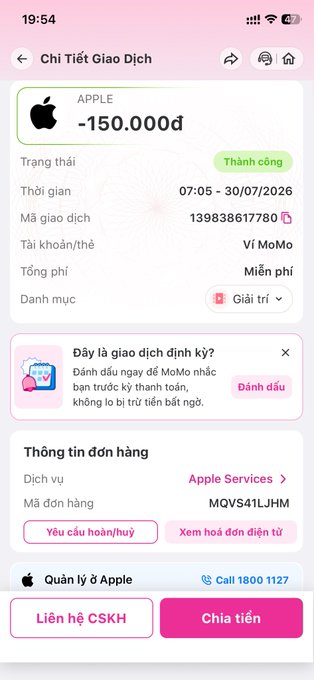 A mobile payment transaction screenshot showing an Apple transaction of -150,000đ processed through MoMo wallet on 30/07/2026, with a transaction ID of MQVS41LJHM and status marked as 'Thành công' (successful).