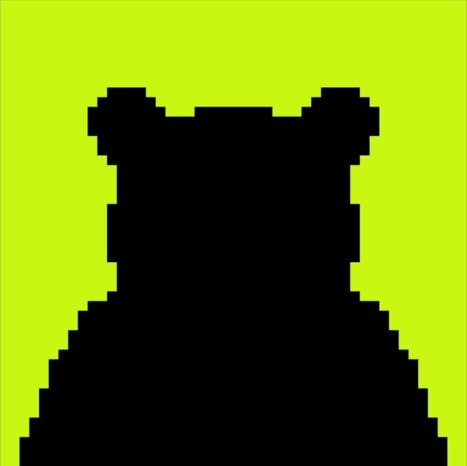 A simple black pixelated silhouette of a bear's head and shoulders against a bright green background.