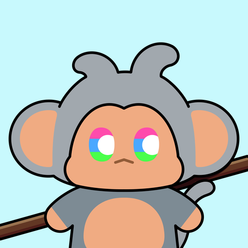 A cartoon illustration of a gray monkey-like creature with large ears holding a wooden stick, featuring eyes colored in the polysexual pride flag pattern (pink, blue, green).