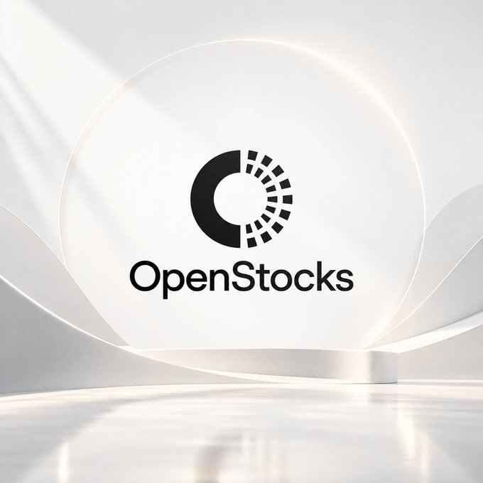 A minimalist 3D render showcasing the 'OpenStocks' logo, featuring a circular segmented 'C' mark on a white curved podium with soft lighting.