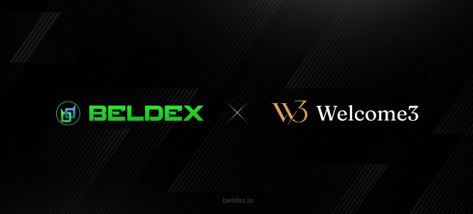A dark banner showing a partnership collaboration between 'BELDEX' (in green) and 'Welcome3' (in gold/white text) with the website beldex.io at the bottom.