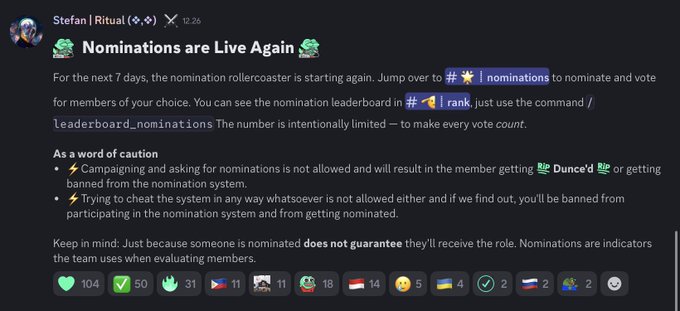 A Discord message from "Stefan | Ritual" announcing "Nominations are Live Again" for a 7-day nomination rollercaster, with leaderboard instructions and warnings against campaigning or cheating.