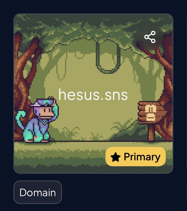 Pixel-art Solana domain profile for 'hesus.sns' showing a blue monkey character as the Primary domain.