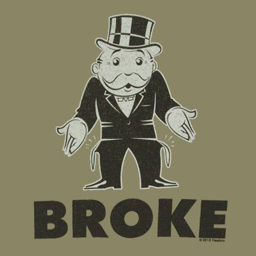 A vintage-style graphic of a cartoon man in a top hat and suit shrugging, with the word 'BROKE' printed below him.