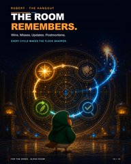 A dark poster titled 'THE ROOM REMEMBERS' features a silhouetted figure before a glowing circular diagram, with text crediting Writer/Host: Cheryl Humphrey.