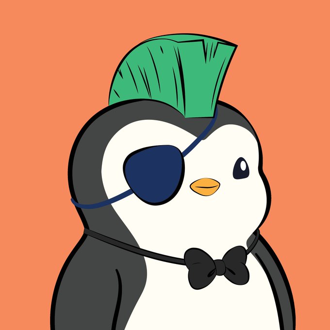 A cartoon penguin with a green mohawk, an eye patch, and a black bowtie against an orange background.